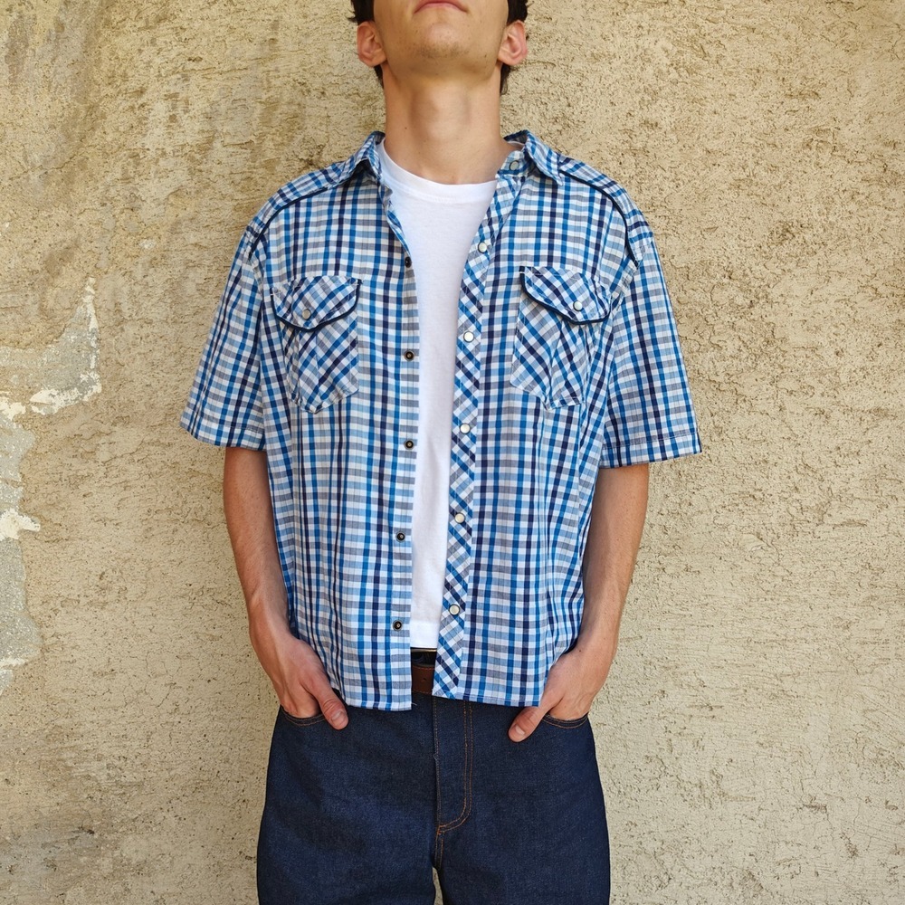Mens Blue Plaid Short Sleeve Western Snap Cropped Shirt Sewn Hem XL
